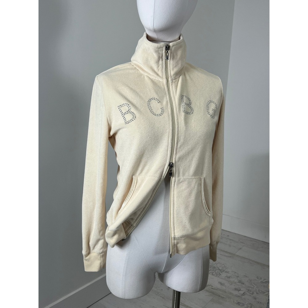 BCBGMAXAZRIA Womens Cream Velour Rhinestone Logo Zip Up Track Jacket Size M